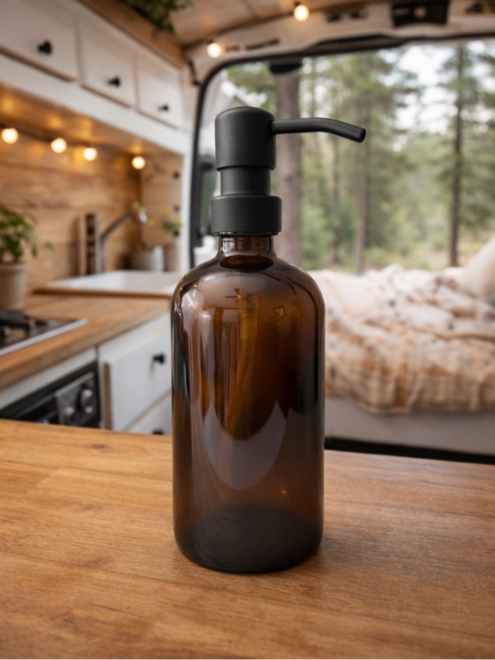 16 OZ. GLASS SOAP DISPENSER W/ METAL PUMP (AMBER GLASS/BLACK PUMP)